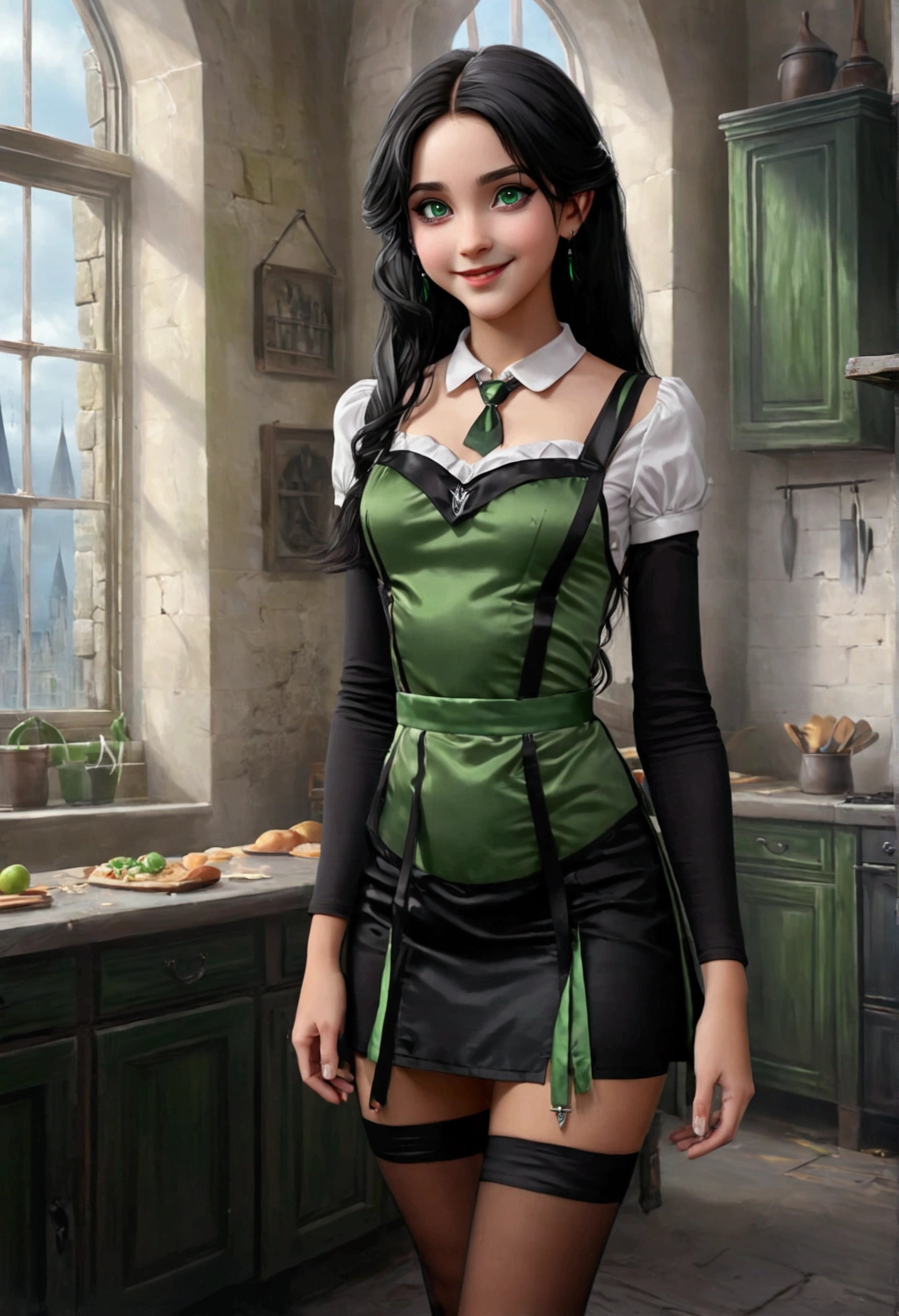 Ultra realistic girl 11 years old, daughter of severus snape ,Masterpiece, Perfect hair, Black hair, green eyes, Backless V-line, black dress, mini skirt, white cute apron, girl, collar, white skin, Earring, Smile, view from front body, border line, view from back body, all body shot, Hogwarts Castle Background