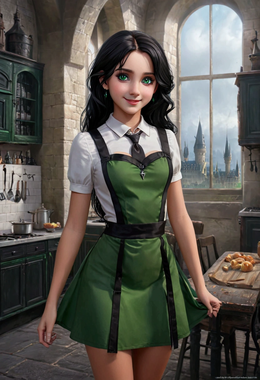 Ultra realistic girl , daughter of severus snape ,Masterpiece, Perfect hair, Black hair, green eyes, Backless V-line, black dress, mini skirt, white cute apron, girl, collar, white skin, Earring, Smile, view from front body, border line, view from back body, all body shot, Hogwarts Castle Background