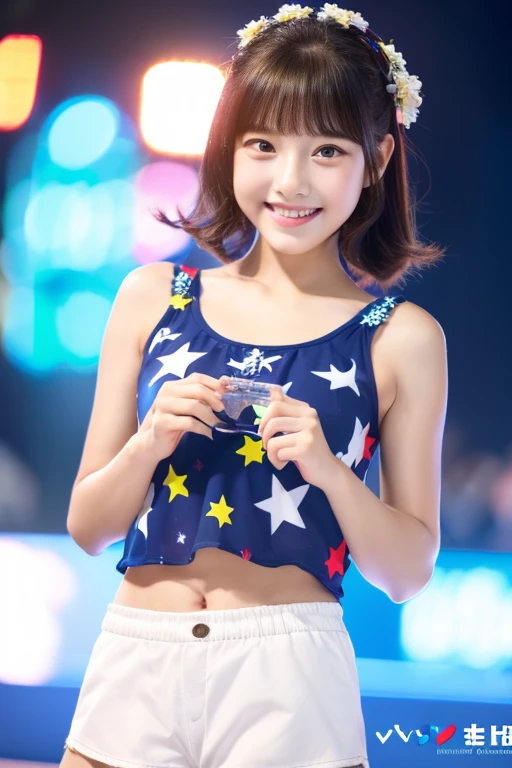 (((Highest quality))) ((masterpiece)) ((Real beautiful girl)) Talented Girl (Cute face) clear ((Ba Appearance like an idol Tank top Shorts Summer clothes Fireworks display smile Hairstyle is up-haired