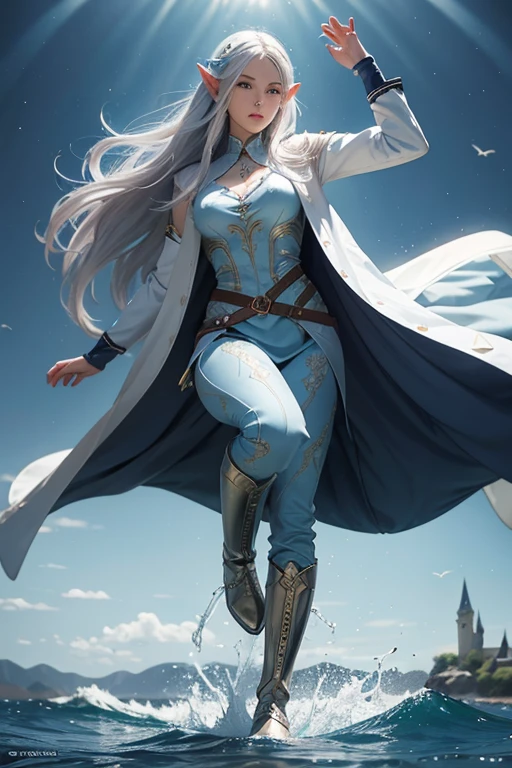 Professor Elowen Mistralight, a 25-year-old elf woman, medium height and delicate elf with silver hair, mysterious and penetrating light blue eyes, He wears a robe with patterns of wind and water, tight light blue fabric pants, long, with navy blue riding boots, the boots reach the knee, a magic wand and castle background, anime style. Individual image of her in full body. He is in action pose. Has one leg raised with the knee bent, His mouth is slightly open as if he had exercised a lot.. He has light skin. She has her hair down and blowing in the wind.. feminine and sexy body.