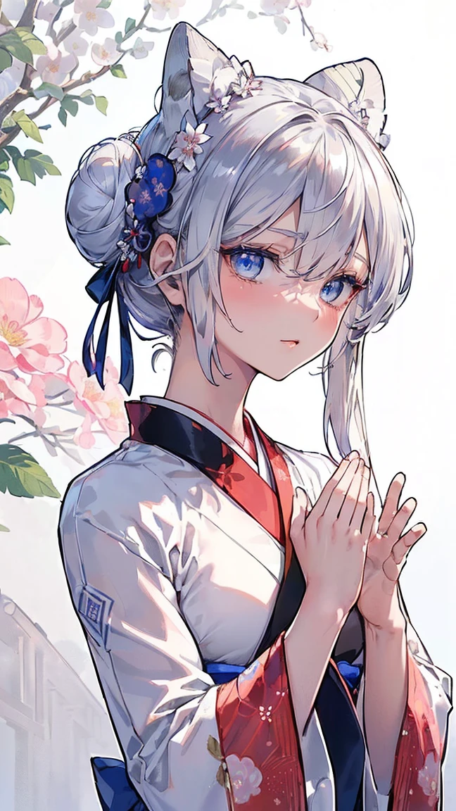 (((masterpiece))), (((best quality))), ((Extremely detailed)), ((Super beautiful illustrations)), ((Super Fine)), (16K highest quality wallpaper:1.4), (Upper Body:1.6), HDR, (Highly detailed and delicate illustration style:1.8), Delicate skin texture, Detailed fabric texture, Extremely detailed的描述, (T-masterpiece), (The face is rich in detail:1.2), (Highly detailed silver fox ears:1.2), (Highly Detailed Shiny Silver Half Updo:1.2), (Very detailed and clear eyes:1.2), The original, RAW photos, professional, Intricate details, Super Detail, Direct light:1.6, (Perfect anatomical structure:1.4), (Highly delicate hands:1.2), (Very detailed fingers:1.2), (Highly detailed fingertips:1.2), (24 years old), real, (Solitary:1.8), ((A very beautiful and charming silver fox fashion model，With blue eyes，穿着Bright red furisode with floral pattern:1.4)) brake (Beautiful and cute silver fox ears:1.6), (Detailed silver fox ears:1.4), (Beautiful and well-proportioned:1.2), (Beautiful and shapely buttocks), (Beautiful Shiny Silver Half Bun:1.6), (#12: Very Delicate and Sophisticated Silver Half Bun:1.2), (Beautiful clear blue eyes sparkle with delicate light:1.6), (Very detailed and delicate blue eyes:1.2), (The face is rich in detail:1.4), (Smile:1.5), (blush:1.4), (Looking at the audience:1.4), (celebration:1.4) brake (Bright red furisode with floral pattern:1.4), (Japanese traditional clothing:1.2) brake (Concept Art:1.2), (Detailed fantasy art:1.2) brake (Highly detailed and delicate Ise Grand Shrine in Mie Prefecture in the background just after noon in spring:1.6), (Standing in front of the Torii Gate:1.4), (celebration:1.4), Ise Grand Shrine:1.4, Ise Grand Shrine的鸟居:1.4, Cherry blossoms:1.2, The clear sky background after noon is very beautiful:1.4 brake ，High heel，Fox Girl，Huge breasts