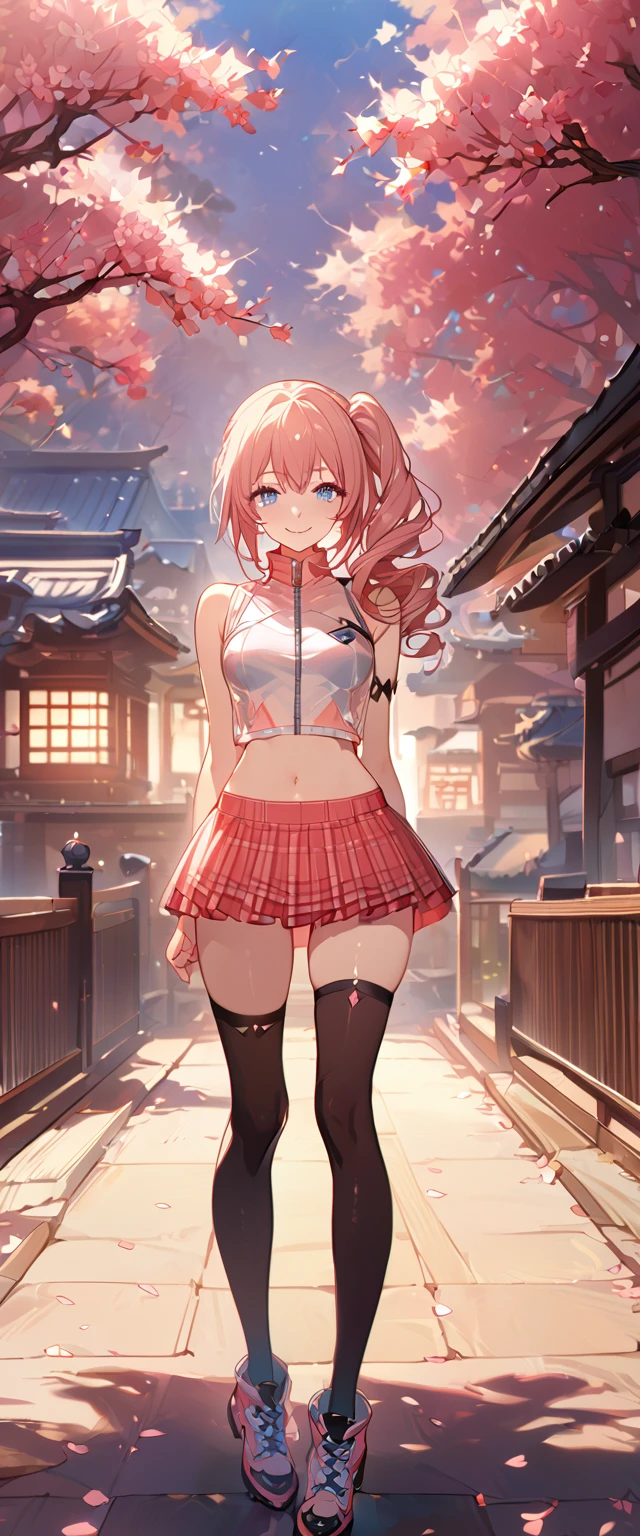 masterpiece, best quality, 8k, 4k, 1girl, (masterpiece, best quality:1.2), 1girl, serah farron, smile, looking at viewer, thin body ,arms behind back, blue eyes, super long curly side ponytail, black diamond-shaped armband, plain white sleeveless shirt with straight collar, zig-zag button pattern, straight collar shirt, midriff, transparent sleeveless pink jacket, transparent pink jacket, transparent jacket, red plaid-pleated short skirt, black lace skirt under, slightly lower skirt, plain black thigh-high stockings, light brown ankle boots, finely detailed eyes and detailed face, face detailed, hair detailed, clothes detailed, ((high quality)), extreme detail, Sakura tree, sakura field, inspired by Asukaziye artist : ask, art style : ask