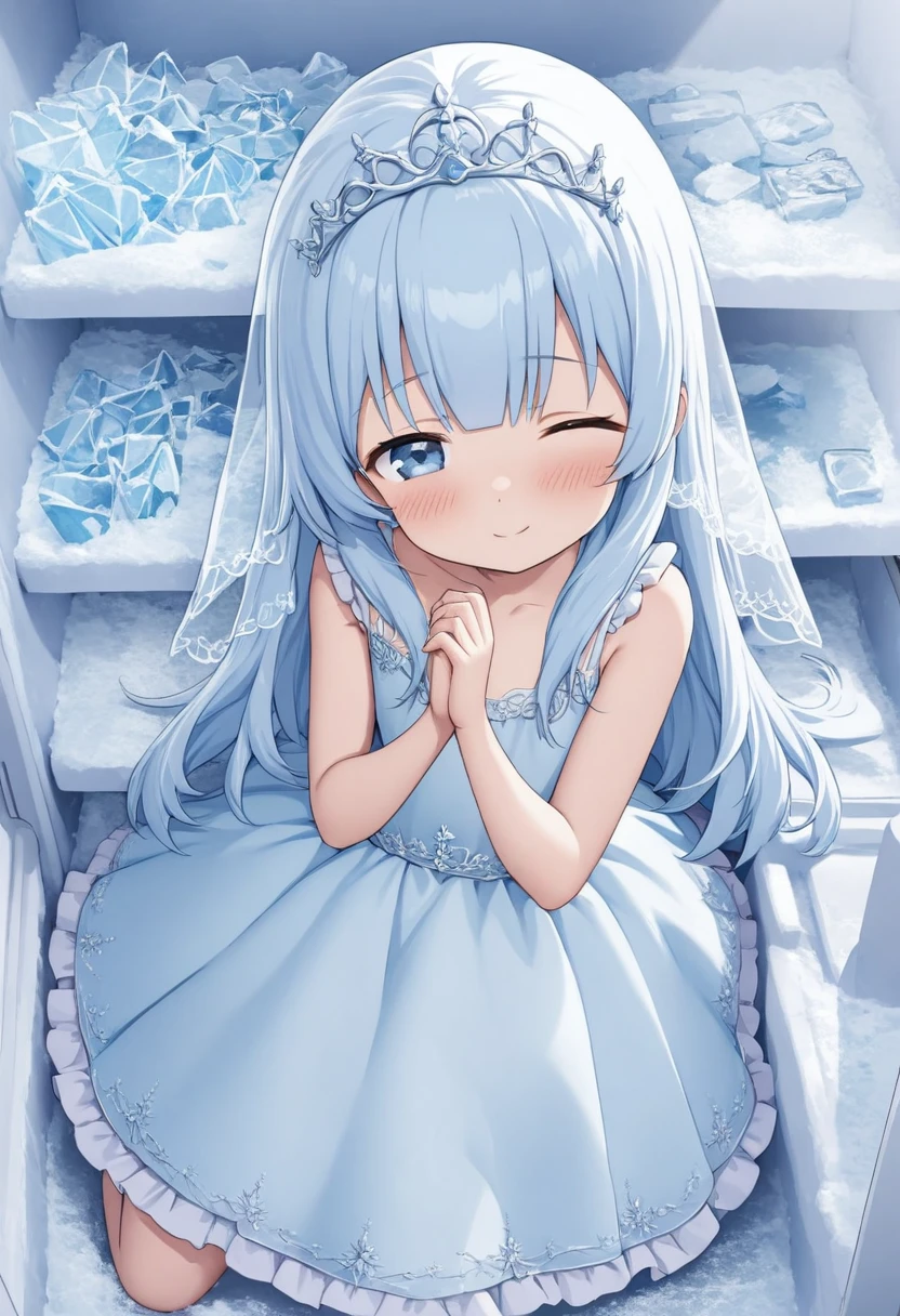 masterpiece, best quality, extremely detailed, (illustration, official art:1.1), 1 girl ,(((( light blue long hair)))), ,(((( light blue long hair)))),light blue hair, , long hair ((blush)) , cute face, masterpiece, best quality,(((((a very delicate and beautiful girl))))),Amazing,beautiful detailed eyes,blunt bangs((((little delicate girl)))),(((tareme))),droopy eyes.(true beautiful:1.2), sense of depth,dynamic angle,,,, affectionate smile, (true beautiful:1.2),,(tiny 1girl model:1.2),)(flat chest),(adolescence girl), (loli, petite), (white detailed princess dress with many frills), (close her eyes), (beautiful and detailed face), nice hands, perfect hands, (Inside the freezer, the princess lies in a peaceful slumber. She is surrounded by ice crystals, her beautiful face visible through a thin veil of ice.)