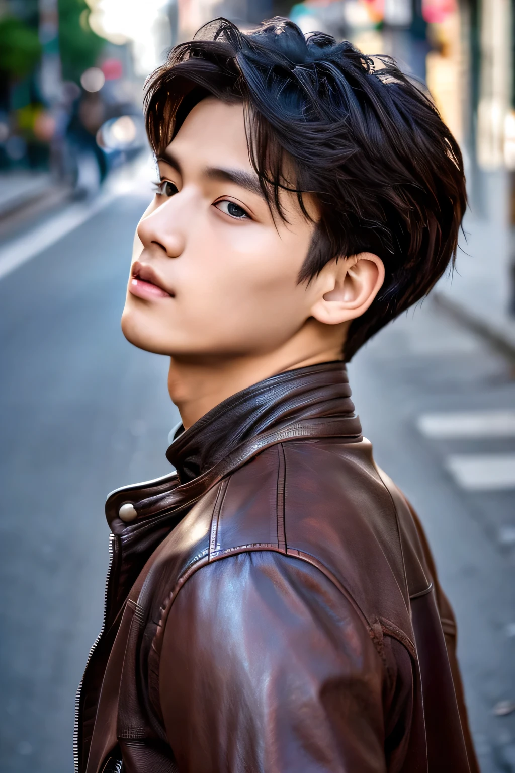 Highest quality, masterpiece, Ultra-high resolution, (Realistic: 1.4), Original photo, wallpaper, Head Photo, skin, Simple Background, Iris, detailed, Selfie, 1 boy, 20-year-old, good looking, Wind,Leather jacket、Street Corner