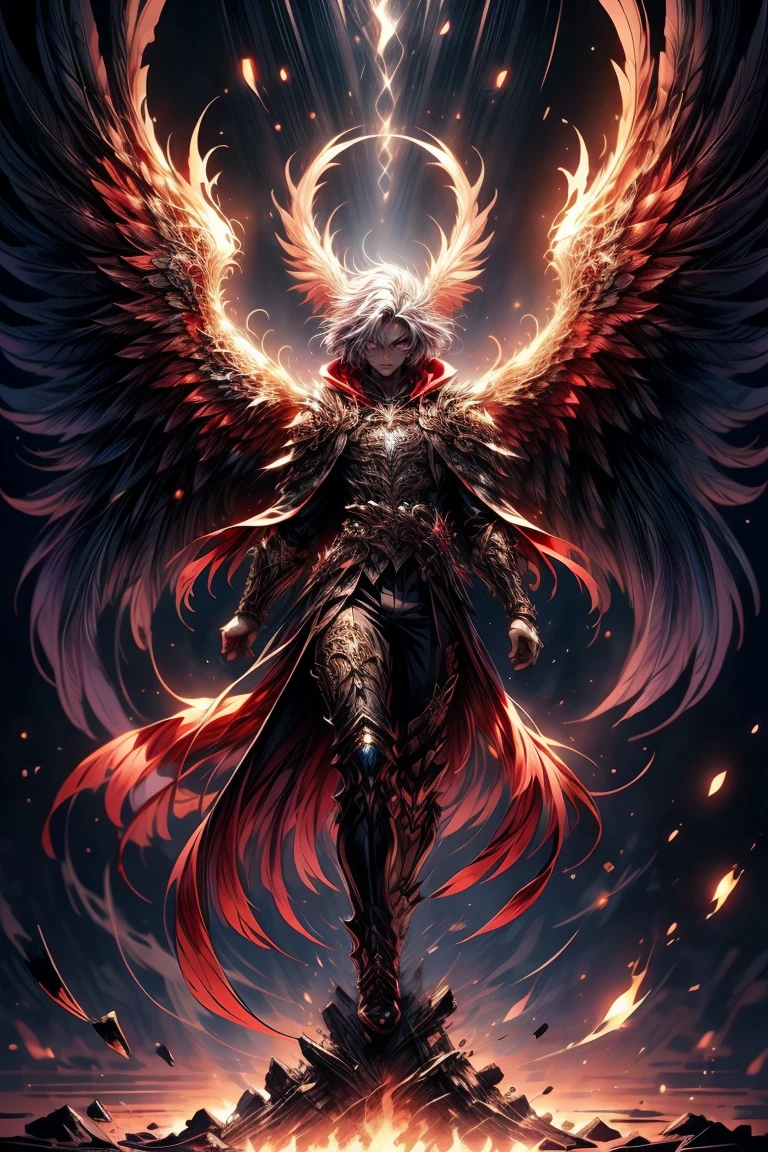 Masterpiece, best quality, high resolution, unified 16k wallpapers, uhd, DSLR, clean, highly detailed, 1 male, 1 young man, handsome face, good looking face, long white hair ( light in the hair ), bright purple eyes ( glowing eyes), large angel wings ( purple colored wings ), wings on fire ( purple colored flames ), glowing angelic being, inspired by a Phoenix warrior, cold expression ( cold look ), surrounded by the splendos of the earth, toned muscles and physique, wearing black pants, black hoodie and watch, pay attention to stunning details, cinematic, and achieve a resolution of 128k, floating, with a majestic aura of authority, shadowverse style. Full body