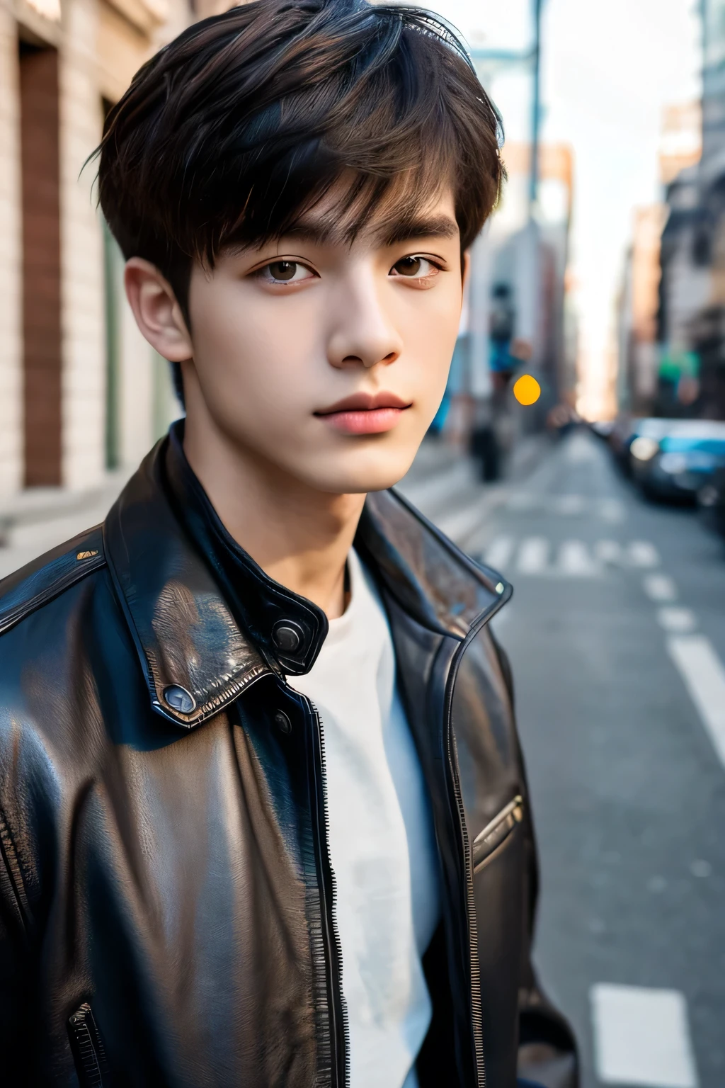 Highest quality, masterpiece, Ultra-high resolution, (Realistic: 1.4), Original photo, wallpaper, Head Photo, skin, Simple Background, Iris, detailed, Selfie, 1 boy, 20-year-old, good looking, Wind,Leather jacket、Street Corner