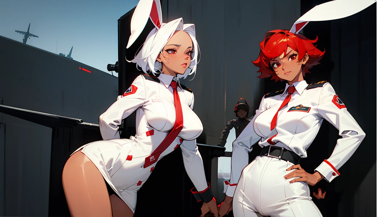 two women wearing sexy airplane pilot clothes that reveal their breasts and thighs. The first woman has black and red hair with white skin, black eyes and has a gun in her hand. The second woman has white hair with tanned skin. and he has rabbit ears and red eyes and he has a big hammer in his hands 