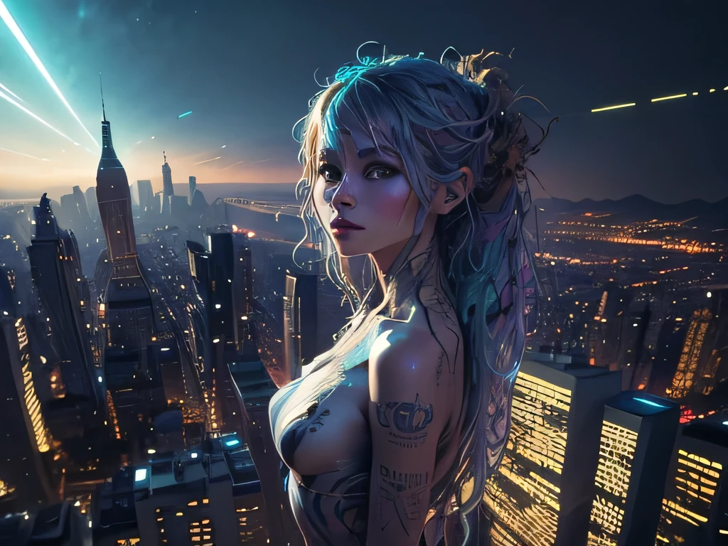 Human-looking alien standing full body, from above watching a city, cinematic lighting, (by (Daniel Mernagh) (Carne Griffiths) Monika Nowak), highly detailed, detailed, soft-bodied, alien face