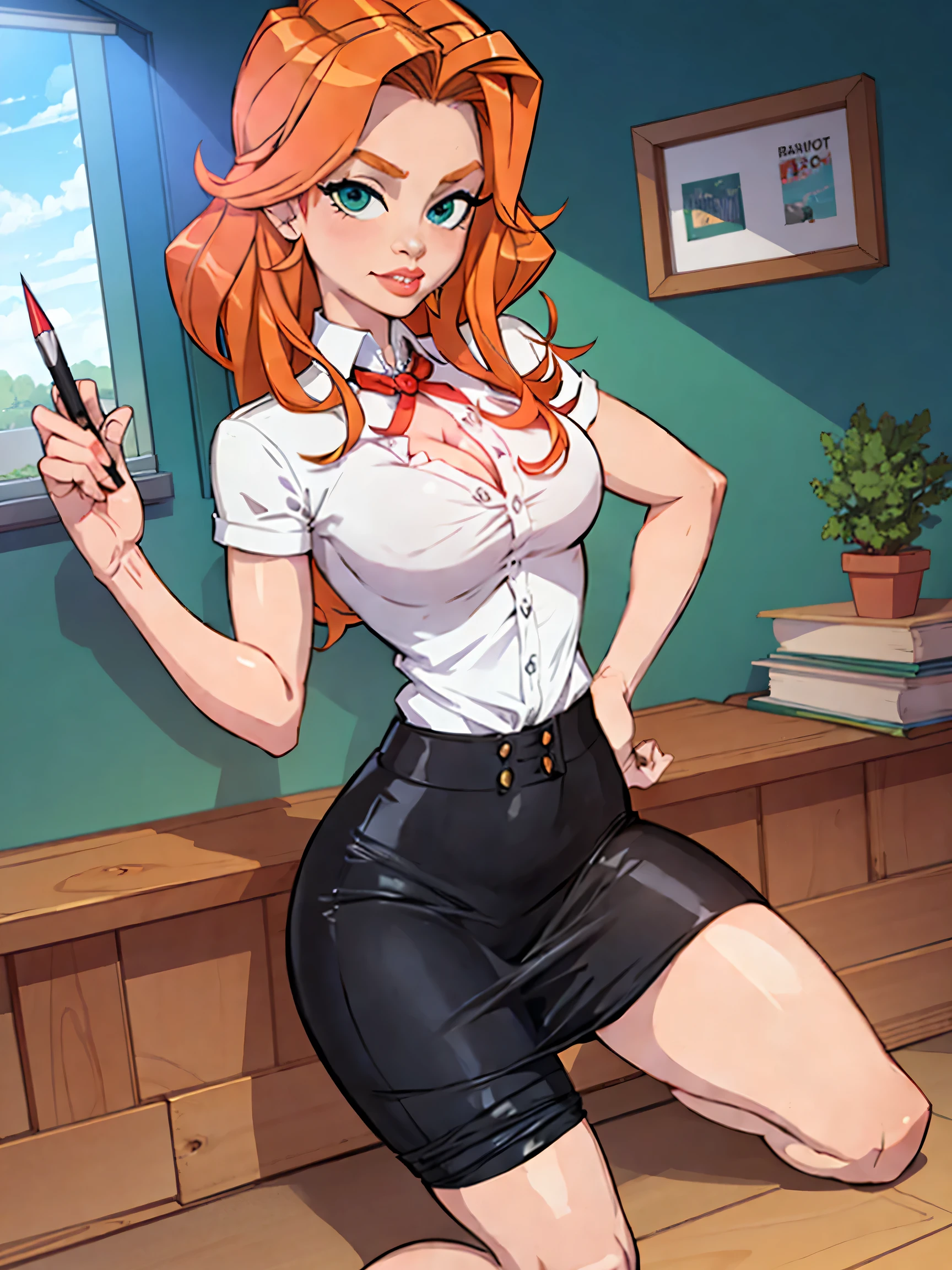 1girl, secretary, Best quality, masterpiece, cowboy shot, orange hair, green eyes, tight cloth, pencil skirt, office, kneeling, pinup style