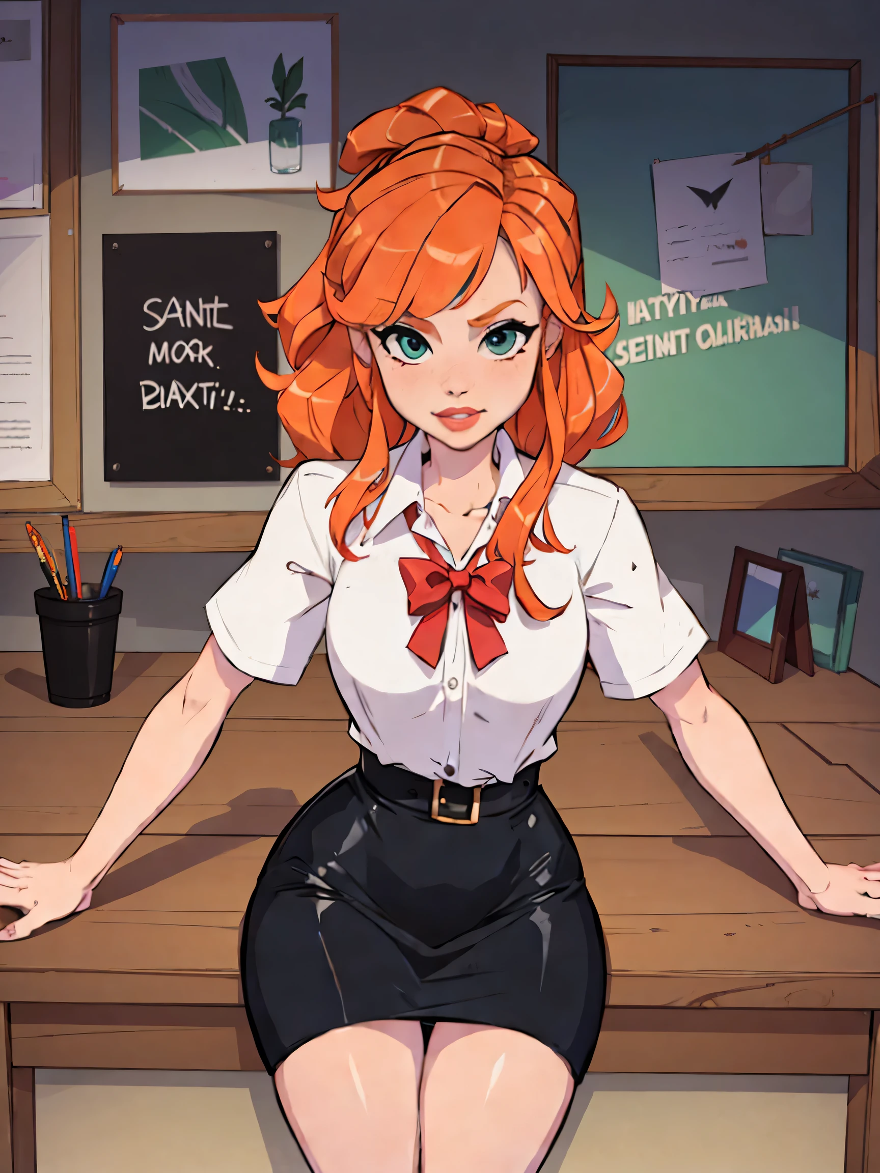 1girl, secretary, Best quality, masterpiece, cowboy shot, orange hair, green eyes, tight cloth, pencil skirt, office, kneeling, pinup style