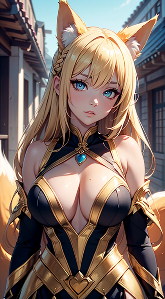 1 beautifull kitsune queen wearing a golden armor, hands behind, hairs covering ears,blonde hairs, french braid, hair hide ear, hime cut, very long hair, heart-shaped pupils, animal ears,european face, fox ears,"long orange fox ears with black tips", covering ears, kemonomimi mode,tail emanating(9 tails fox),huge tits, large hips with golden armor,((fully clothed)), "all skin covered by golden armor", no nsfw, high detail, depth of field, masterpiece, anatomically correct, high quality, award winning,(masterpiece, best quality),sunny,((extremely detailed background)), traditional temple, facing viewer,action pose,Beautiful Finger,Beautiful long legs,Beautiful body,Beautiful Nose, perfect face,(mature:1.1),(milf:1.1),(mature female:1.3),make up,parted lips,(shiny skin:1.3),(perfect female body:1.2),(gorgeous detailed skin),(detailed hair), masterpiece, high quality, highres, absurdres,(beautiful and aesthetic:1.2), beautiful hand, 4k, 8k, perfect balance, detailed aqua eyes, perfect eyes, expressive eyes, looking at viewer, expressionless, ray_tracing,intricate details,depth of field, extremely delicate and beautiful, (Beautiful,), (beautiful_face:1.5) 