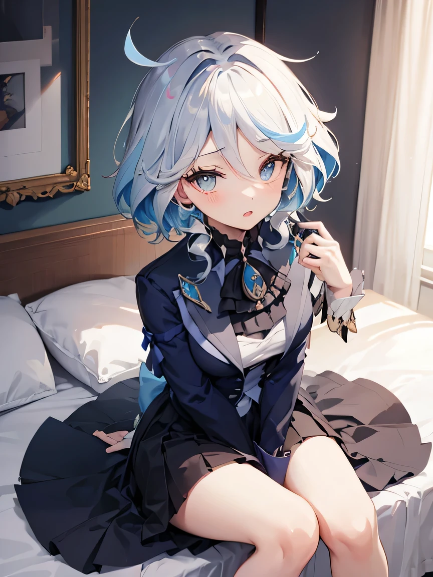 Sitting in bed、Looking up、Spreading her legake your cheeks a little red、High Angle、A little exposed、