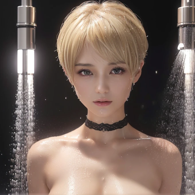 (Highest quality, 4K, 8k, High resolution, masterpiece:1.2), Very detailed, (Realistic, photoRealistic, photo-Realistic:1.37),Japanese,(Dull blonde pixie cut)woman,(Black choker:1.0)Large Breasts、Orgasm Facial、Face close-up、Completely naked、shower room、Wet Hair、Wet Skin