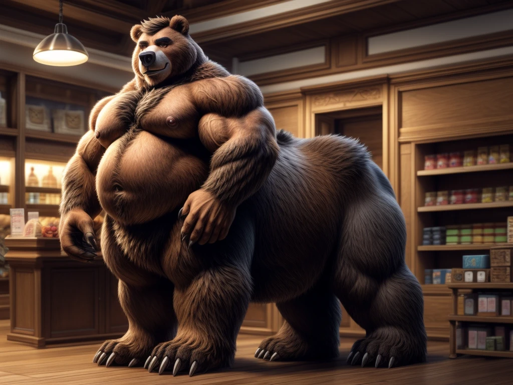 furry, fur taur, beartaur, anthro, middle-age, solo,1man, detailed face, bear ears, bear eyes(brown), bear nose(black), bear mouth, beard(grey), hair, mature hair(grey), detailed arm, thick arm, forearm hair, muscular, thick hands(5 fingers), thick claws, detailed body belly, thick body, muscle belly(white), thick chest, chest hair(white), nipples, detailed taur body, thick taur body, waist hair, thick bear paws, bear paws hair, thick bear claws, thick bear tail, full body shot, standing in the shop