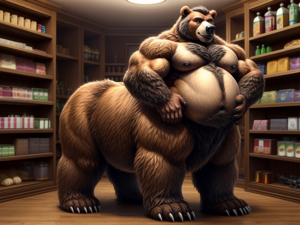 furry, fur taur, beartaur, anthro, middle-age, solo,1man, detailed face, bear ears, bear eyes(brown), bear nose(black), bear mouth, beard(grey), hair, mature hair(grey), detailed arm, thick arm, forearm hair, muscular, thick hands(5 fingers), thick claws, detailed body belly, thick body, muscle belly(white), thick chest, chest hair(white), nipples, detailed taur body, thick taur body, waist hair, thick bear paws, bear paws hair, thick bear claws, thick bear tail, full body shot, standing in the shop