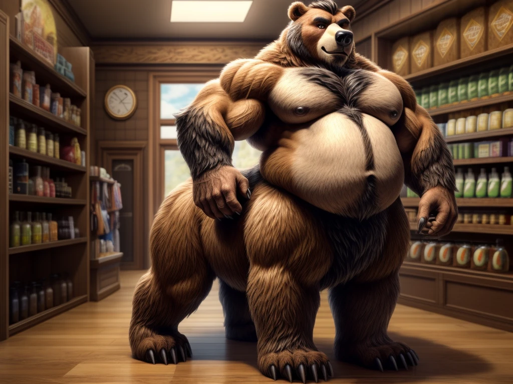 furry, fur taur, beartaur, anthro, middle-age, solo,1man, detailed face, bear ears, bear eyes(brown), bear nose(black), bear mouth, beard(grey), hair, mature hair(grey), detailed arm, thick arm, forearm hair, muscular, thick hands(5 fingers), thick claws, detailed body belly, thick body, muscle belly(white), thick chest, chest hair(white), nipples, detailed taur body, thick taur body, waist hair, thick bear paws, bear paws hair, thick bear claws, thick bear tail, full body shot, standing in the shop