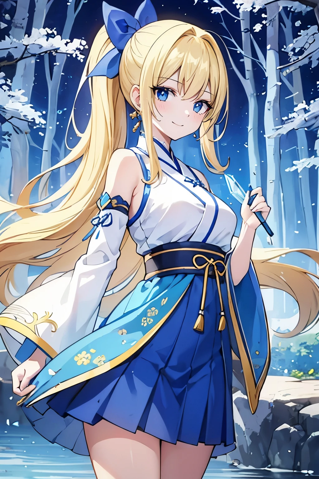 Safe for work, masterpiece, best quality, solo, 1 girl, (young female body:1.4), ( medium breasts), golden yellow hair, extra long hair, blunt bangs, crystal blue eyes, very detailed eyes, standing, elegant, smiling, cute girl, cowboy shot, hanfu, chinese clothing, dark blue hanfu, forest, river, pond, long chinese clothing, traditional blue hanfu, long clothes, wholsome, safe for work, appropriate clothing, ponytail, blue hakama, pleated blue skirt, long sleeves, detached sleeves