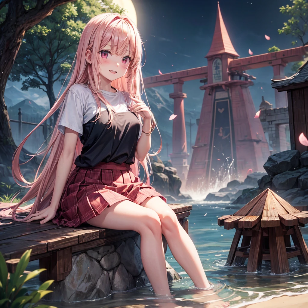 Pink Blonde、Red eyes、One cute girl、solo、And soul、Light clothing、Checked mini skirt、petal、Wet hair、Sit on、black t-shirts、large tree、cloud、Red full moon、desert、barefoot、Stones are piled up、Teeth are visible、Secret Treasure、Wooden chair、Fortress City、water is gushing out、Lightning strikes、Tilting face、Hands together
