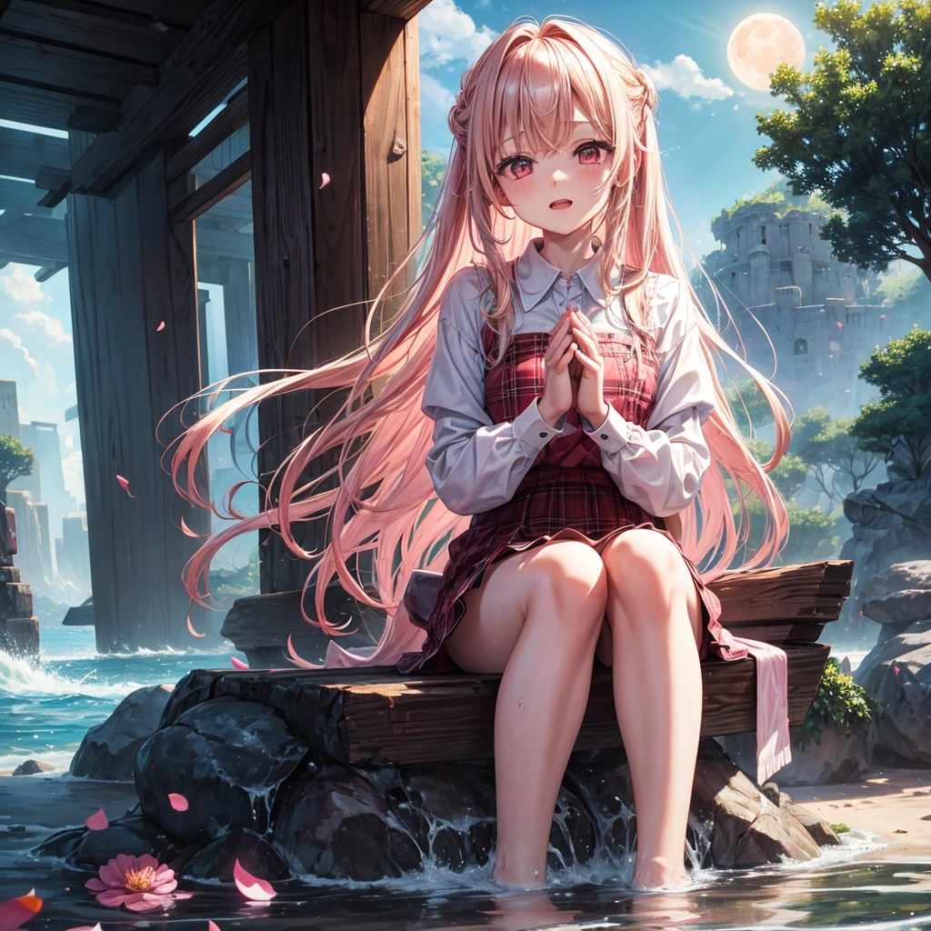 Pink Blonde、Red eyes、One cute girl、solo、And soul、Light clothing、Checked mini skirt、petal、Wet hair、Sit on、black t-shirts、large tree、cloud、Red full moon、desert、barefoot、Stones are piled up、Teeth are visible、Secret Treasure、Wooden chair、Fortress City、water is gushing out、Lightning strikes、Tilting face、Hands together