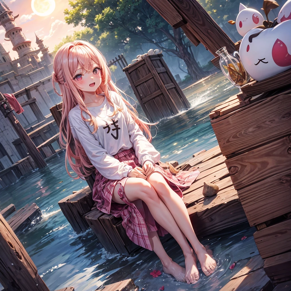 Pink Blonde、Red eyes、One cute girl、solo、And soul、Light clothing、Checked mini skirt、petal、Wet hair、Sit on、black t-shirts、large tree、cloud、Red full moon、desert、barefoot、Stones are piled up、Teeth are visible、Secret Treasure、Wooden chair、Fortress City、water is gushing out、Lightning strikes、Tilting face、Hands together