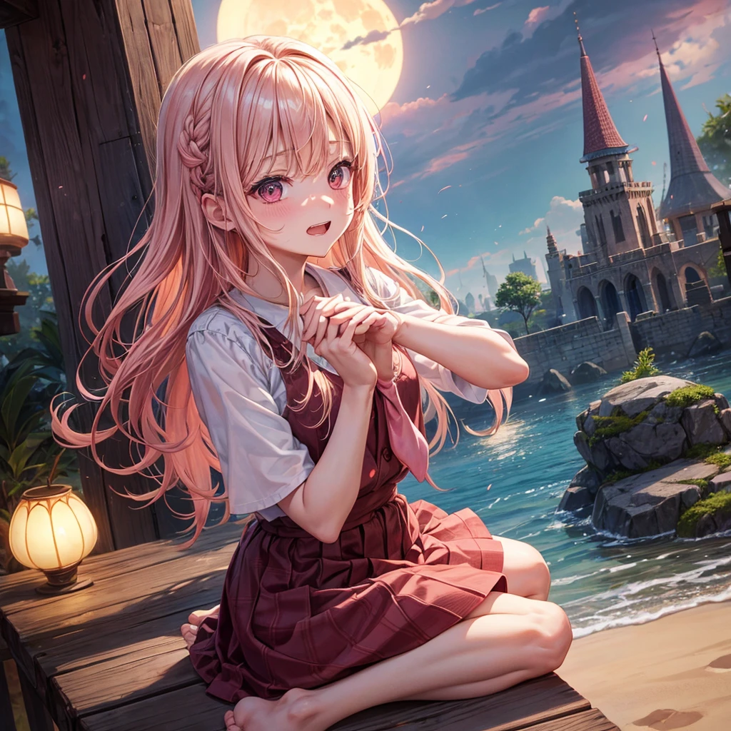 Pink Blonde、Red eyes、One cute girl、solo、And soul、Light clothing、Checked mini skirt、petal、Wet hair、Sit on、black t-shirts、large tree、cloud、Red full moon、desert、barefoot、Stones are piled up、Teeth are visible、Secret Treasure、Wooden chair、Fortress City、water is gushing out、Lightning strikes、Tilting face、Hands together