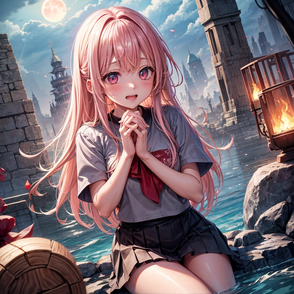 Pink Blonde、Red eyes、One cute girl、solo、And soul、Light clothing、Checked mini skirt、petal、Wet hair、Sit on、black t-shirts、large tree、cloud、Red full moon、desert、barefoot、Stones are piled up、Teeth are visible、Secret Treasure、Wooden chair、Fortress City、water is gushing out、Lightning strikes、Tilting face、Hands together