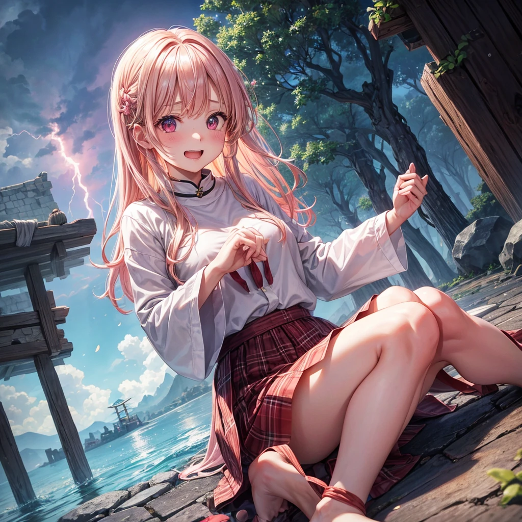 Pink Blonde、Red eyes、One cute girl、solo、And soul、Light clothing、Checked mini skirt、petal、Wet hair、Sit on、black t-shirts、large tree、cloud、Red full moon、desert、barefoot、Stones are piled up、Teeth are visible、Secret Treasure、Wooden chair、Fortress City、water is gushing out、Lightning strikes、Tilting face、Hands together