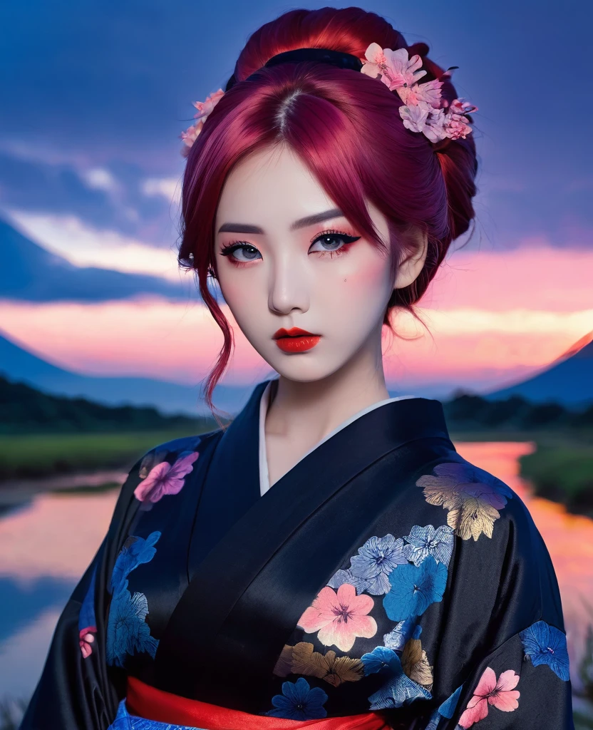 1 female、(Super beautiful)、(beautiful and sad face:1.24)、(detailed face:1.35)、14yo、(black kimono with blue pattern:1.32)、(Wearing heavy makeup)、(red lips:1.2)、pink hair、(Just after sunset:1.2)、(The sky changes from sunset to night:1.3)、(back lighting)、If someone takes you、I want to kill you、Joren Falls、I want to see you even if I pass through the dazzling flamet. Amagi、unforgivable love、Countryside landscape in Indonesia