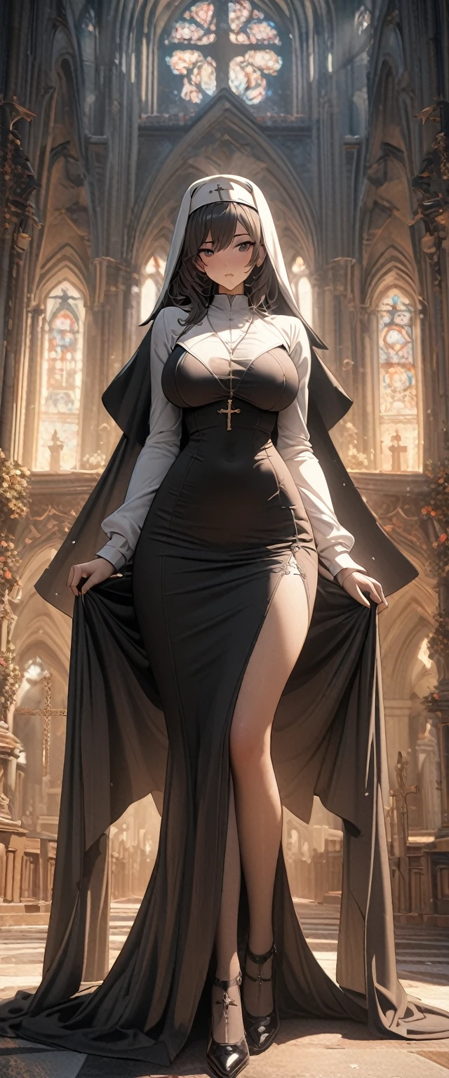 nun,Full breasts,church,cross,8K,Super Fine,Surrealism,masterpiece,high quality,Rich details