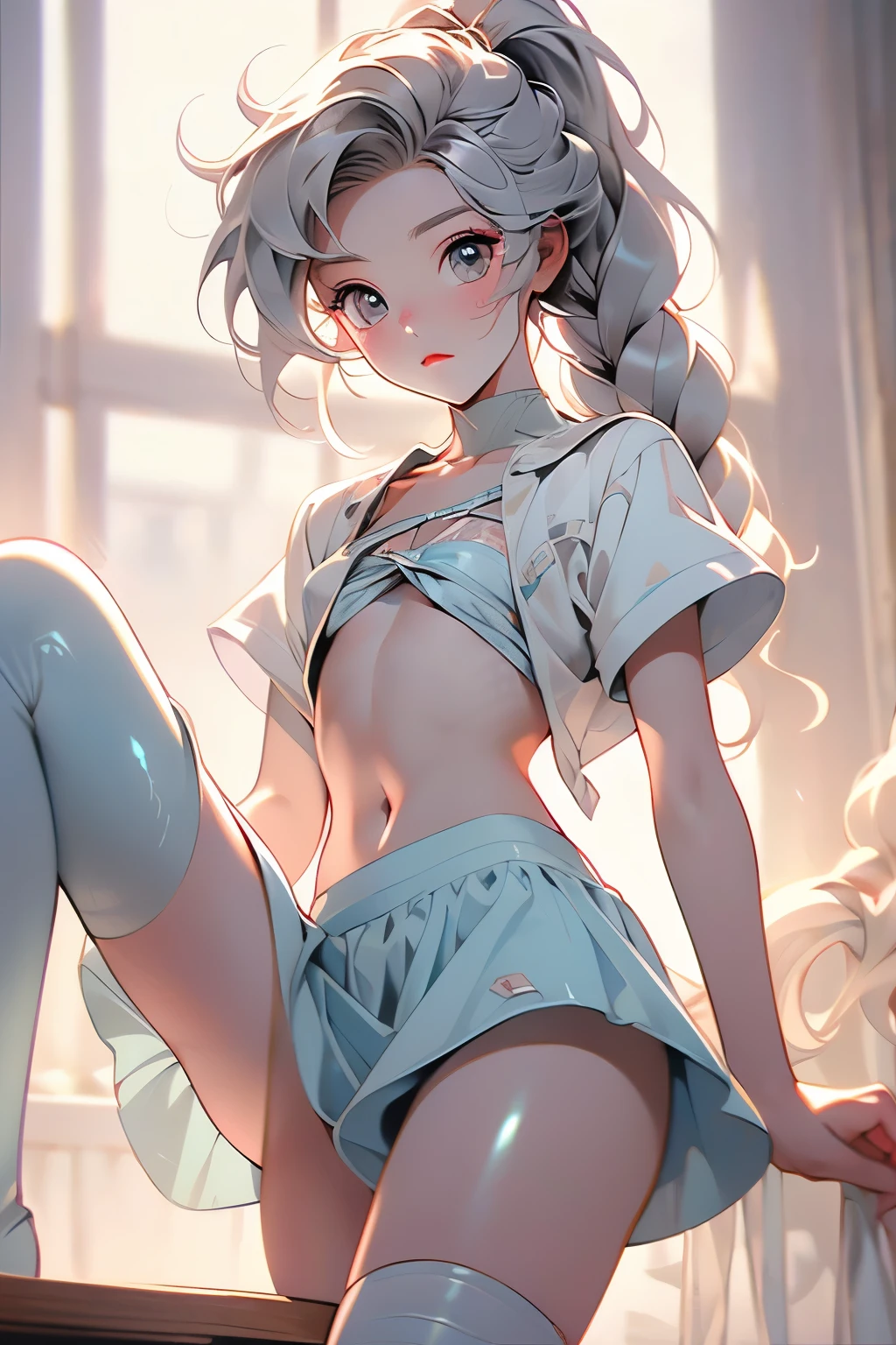  ((best quality)), ((masterpiece)), (detailed), 1girl, off-shoulder baggy sweater,clothes too big, revealing body,(little chest),(big forhead:1.2),(beautiful big eyes:1.3),extremely detailed cute anime face, (((flat chest))),((((long twin braids,tight braids,long braid,braided hair,long hime cut,colored inner hair)))),intricate eyes,beautiful detailed eyes,symmetrical eyes,((((lustrous skin:1.5,bright skin: 1.5,shiny skin,very shiny skin,shiny body,Reflective skin)))),(((detailed face))),beautiful detailed lips,(nsfw)), ((downblouse, upskirt)),(baggy, sagging clothes, upskirt, downblouse), dynamic pose,looking at viewer, (((embarrassed))),(horrified expression),highres,(best quality),(ultra detailed,extremely detailed),perfect face details, ((masterpiece:1.4, best quality))+, (ultra detailed)+, long twintails, (white thighhighs), cute girl,blue clothes, (flat chest:1.3), NSFW, small breasts, prominent collarbones, skinny arms, flat stomach, visible hip bones, long hair, red hair, white hair, blonde hair, dark hair, ponytail, thick ponytail, heavy ponytail, small breasts, NSFW 