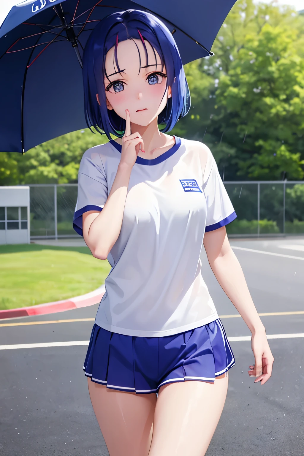 Haruna Sairenji、To Love-Ru、Blue Hair、Bobcut、Hairpins x 2、Show your forehead、high school girl、White gym clothes、Bloomers、Wet gym clothes、first round、Embarrassing、blush、(((SFW、sound、Highest quality、first-clasasterpiece、Normal body、8k、Detailed face、Ultra-precision、Normal hand、Normal finger、5Finger、Highest)))、Full body view、School、Behind the gym、rain、Outdoor