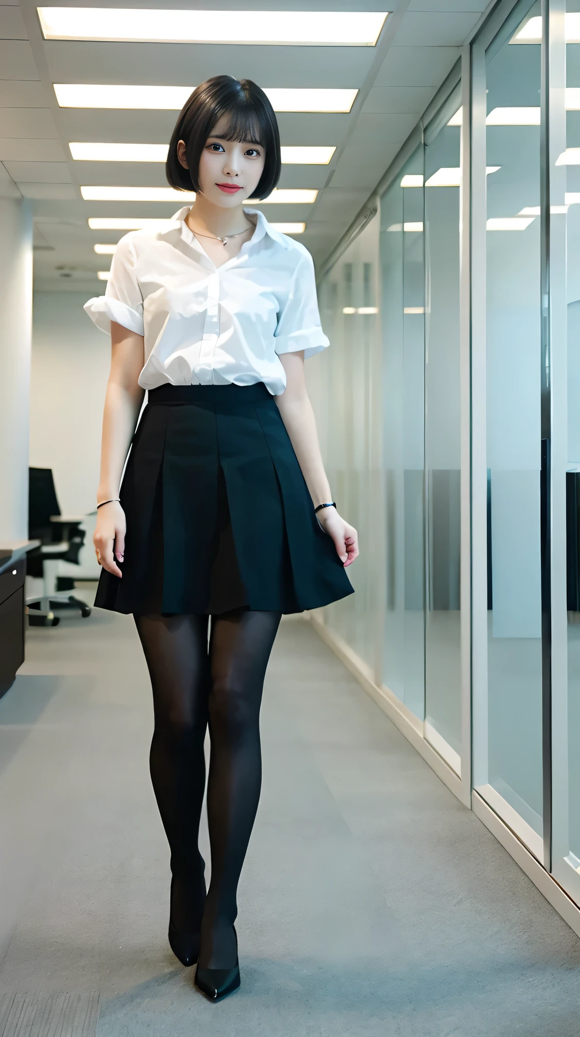 high quality, masterpiece, Realistic, whole body photos、 Ultra-high resolution, ),Standing Woman、Black Hair、Short Haircut、office lady suit、Knee-length skirt、tights、pumps、necklace, (office, indoor, Glass Room), (Long legs, whole body:1.2),
