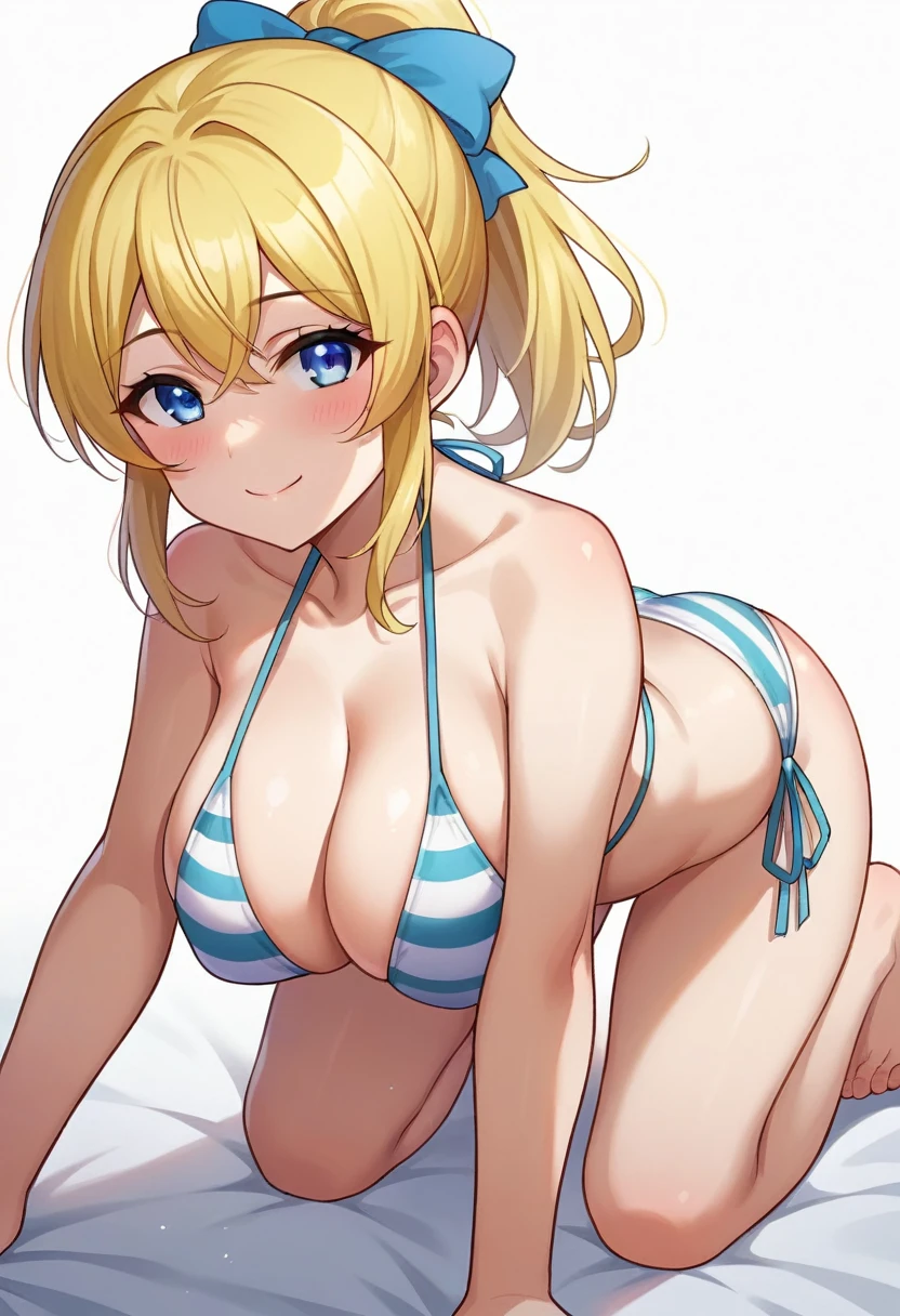 score_9, score_8_up, score_7_up, source_anime, eliayase, 1girl, solo, eli ayase, yellow hair, blue eyes, blush, closed mouth, smile, ponytail, hair ribbon, bare shoulders, bare back, large breasts, cleavage, blue halterneck string bikini, ass, striped blue side-tie string bikini bottom, looking at viewer, from behind, kneeling, all fours, simple background, white background,