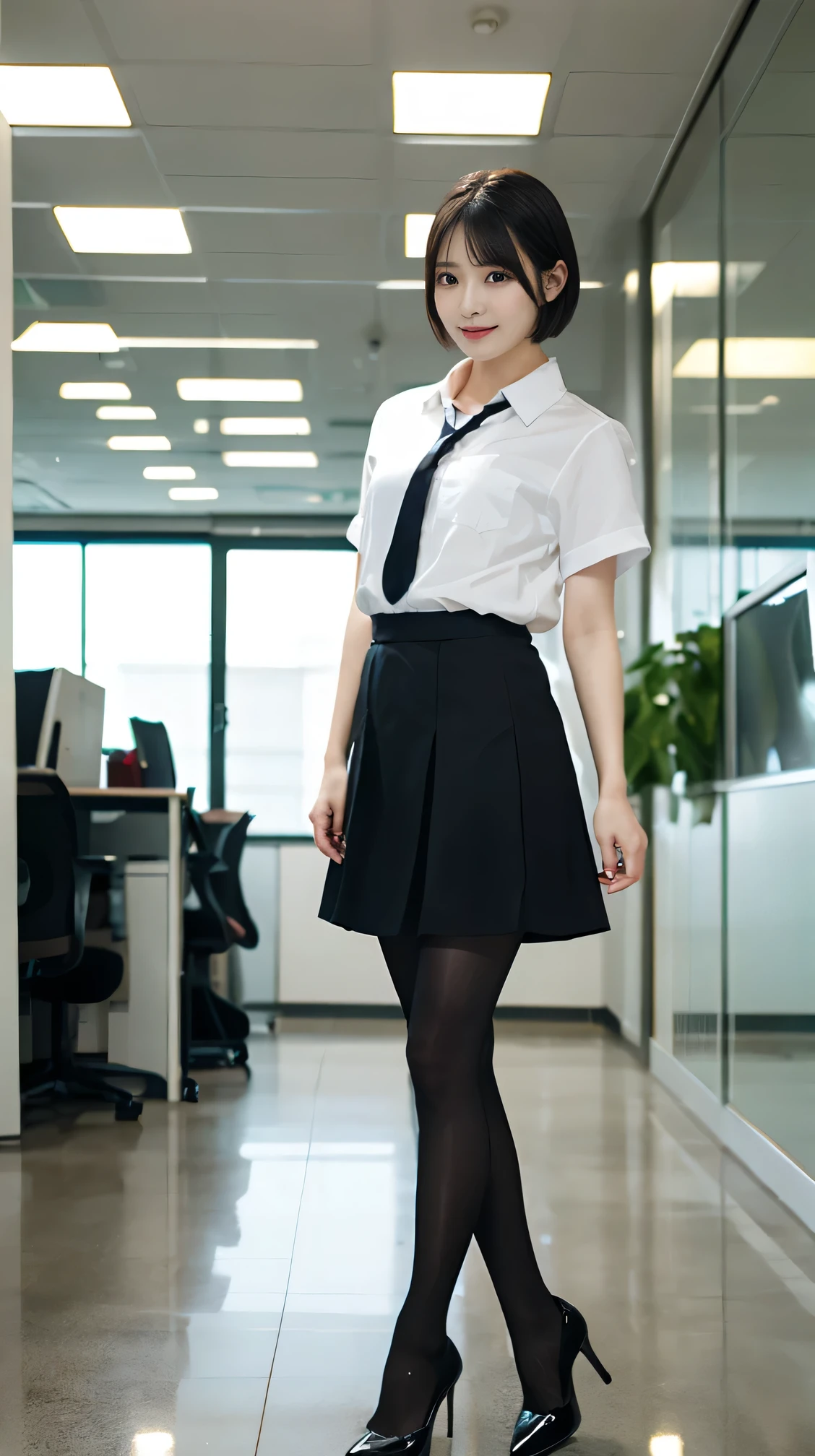 high quality, masterpiece, Realistic, whole body photos、 Ultra-high resolution, ),Two Women、Black Hair、Short Haircut、office lady suit、Knee-length skirt、tights、pumps、necklace, (office, indoor, Glass Room), (Long legs, whole body:1.2),