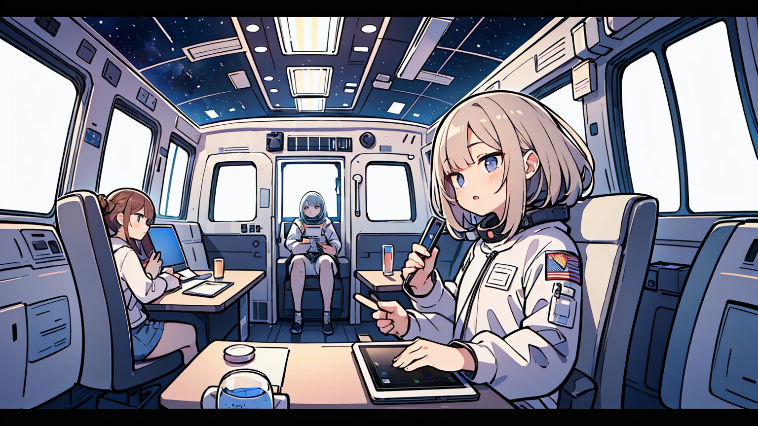 (masterpiece, best quality),3 women, different hair colors, different faces,letterboxed, perfection of fashion,chapped lips, casual attire, upper body, Studying alone with a tablet,eyes are on the tablet,I look towards the glass window,side,in space,Inside the space station, glass ceiling, glass walls,You can see the Earth through the floor-to-ceiling window,white ceramic table,space suit,A space ship outside the window