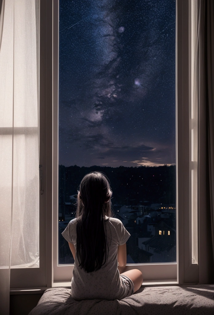 A picture showing a sitting in her room and looking outside of the window, a dark moon night sky with stars and the girl is looking towards the sky waiting for her unfulfilled wishes and prayers to come true...