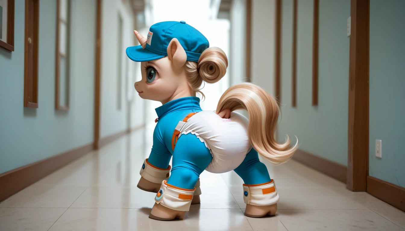 pony, light caramel unicorn, adult filly, stands on four hooves, rear hooves spread wide apart, dressed in bodysuit, baby blue cap and booties, solo, raised tail, additional padding in clothing around the rump, thick diaper under clothes. 