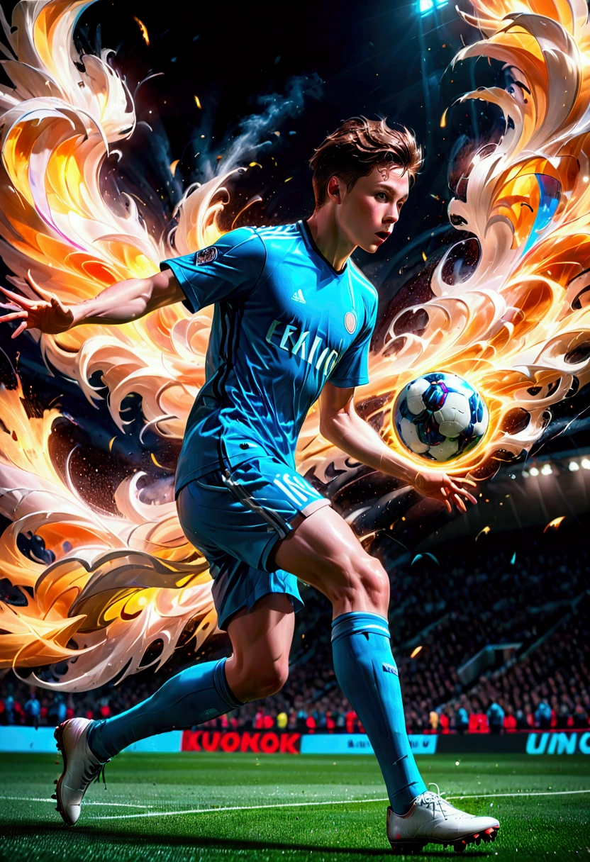 1boy, beautiful detailed soccer player, stroboscopic effect, action shot, dynamic motion blur, Gjon Mili style, dramatic lighting, high contrast, vivid colors, (8k, highres:1.2), ultra-detailed, (realistic, photorealistic, photo-realistic:1.37), masterpiece, best quality, very aesthetic, absurdres