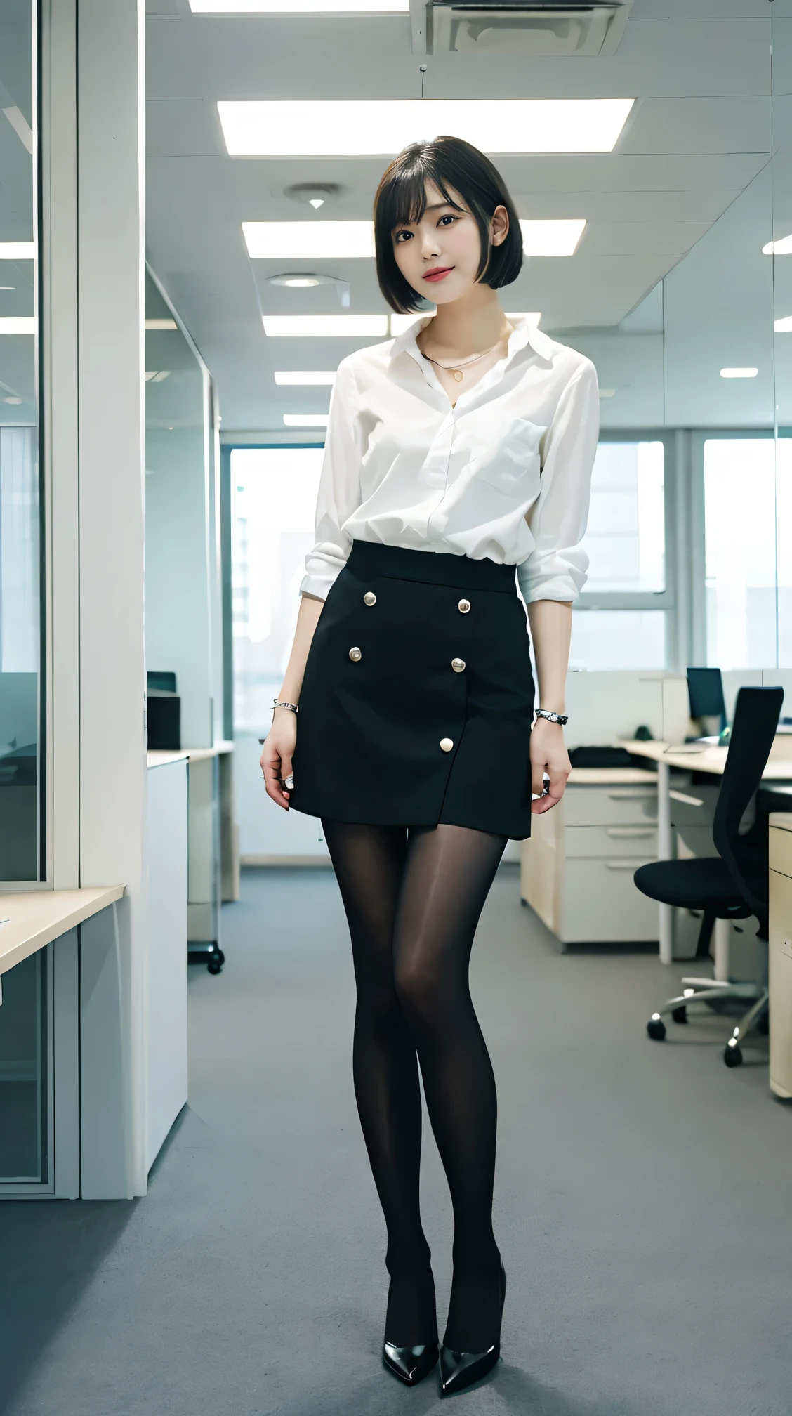 high quality, masterpiece, Realistic, whole body photos、 Ultra-high resolution, ),Two Women、Black Hair、Short Haircut、office lady suit、Knee-length skirt、tights、pumps、necklace, (office, indoor, Glass Room), (Long legs, whole body:1.2)