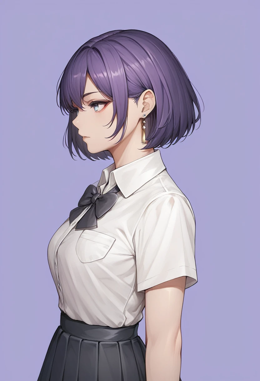 girl in with black and purple hair standing in front of , 1 girl, alone, short hair, skirt, shirt, Black Hair, Simple Background, white shirt, , , jewelry, pleated skirt, From the side, Short sleeve, Earrings, collared shirt, shirt tucked in,, eye shadow.White clothes,