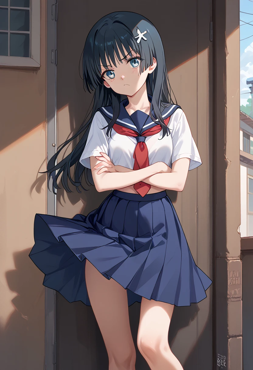 masterpiece,High resolution,Highest quality,8k
(Saten Ruiko)(14-year-old female,Long Black Hair,Small breasts,Slim body,Hairpin)
(White Sailor Suit,Red tie,Blue Skirt)Annoyed face,Standing with your legs apart,Arms crossed,Spread your legs