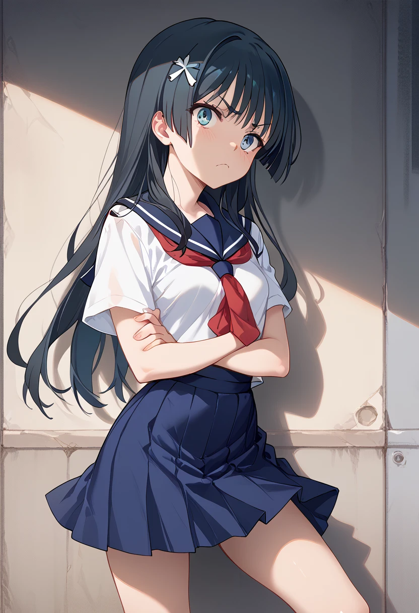 masterpiece,High resolution,Highest quality,8k
(Saten Ruiko)(14-year-old female,Long Black Hair,Small breasts,Slim body,Hairpin)
(White Sailor Suit,Red tie,Blue Skirt)Annoyed face,Standing with your legs apart,Arms crossed,Spread your legs