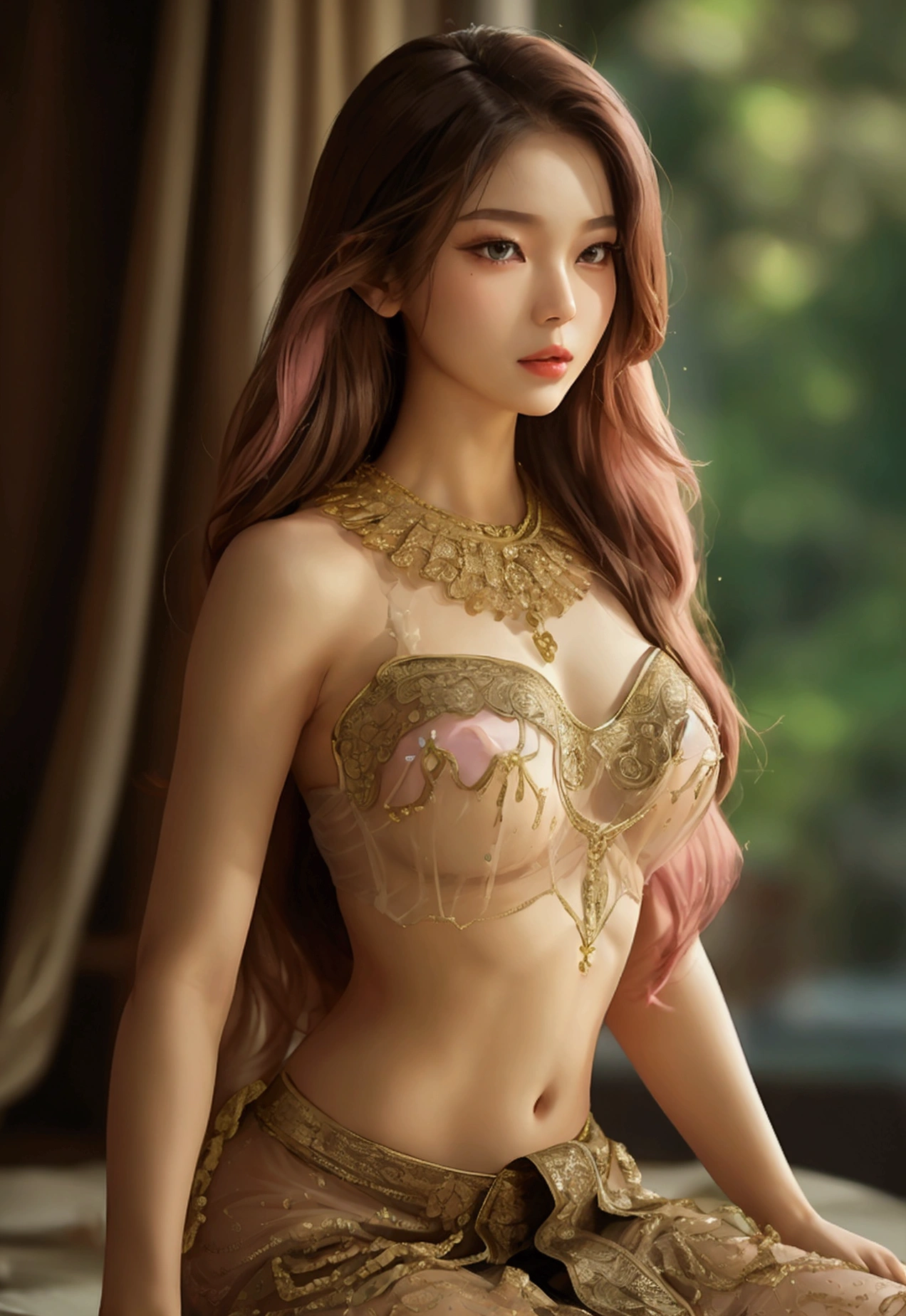 Create an image of a beautiful woman wearing sexy see-through traditional Thai lingerie. She has a slender face, sharp eyes, long hair, an angled face, a high nose, thin lips, a chest size of 32 inches, a waist size of 24 inches, hips size 33 inches, her skin is bright and white. she has brown hair She has pink nipples Her body was slim and muscular like an athlete. And she was sitting with her legs spread open showing her very attractive genitals.