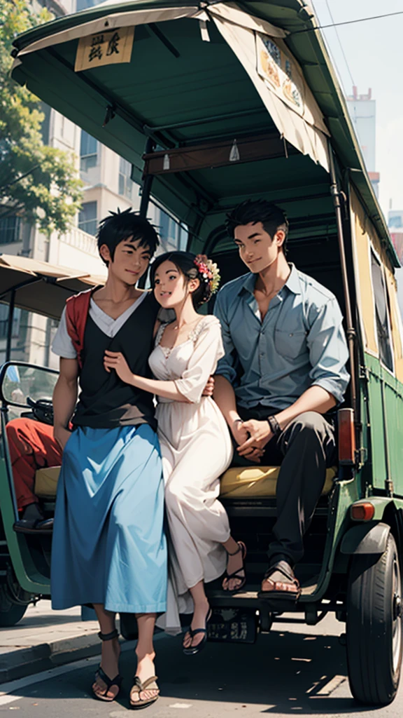 A couple is going in an auto rickshaw. It is very sunny and it is evening.