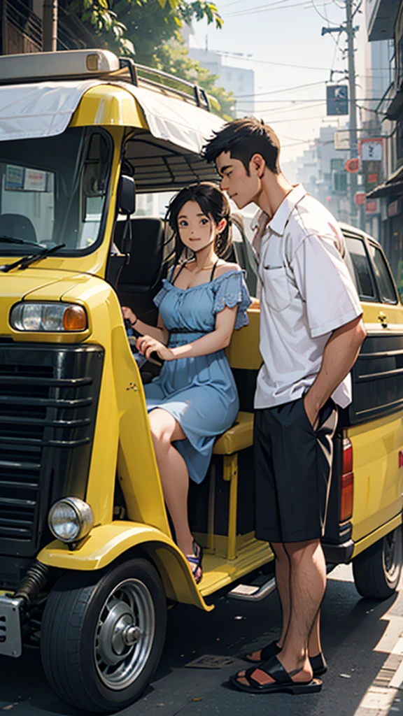 A couple is going in an auto rickshaw. It is very sunny and it is evening.