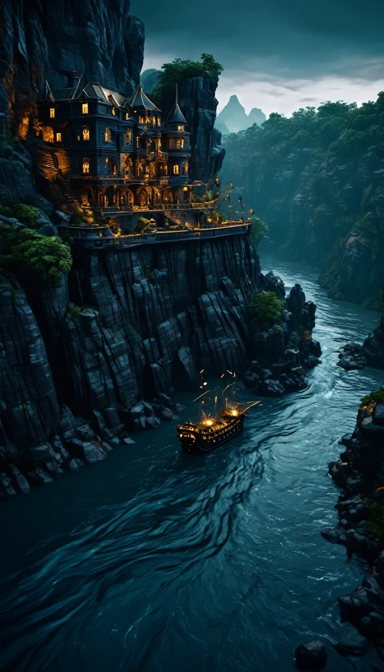 a mansion between rocks , dark theme ,pirate view, cinematic, river flowing below it , a pirate ship in the river, so dark themed, mysterious and relistic,a lot of gold and precious things in the boat