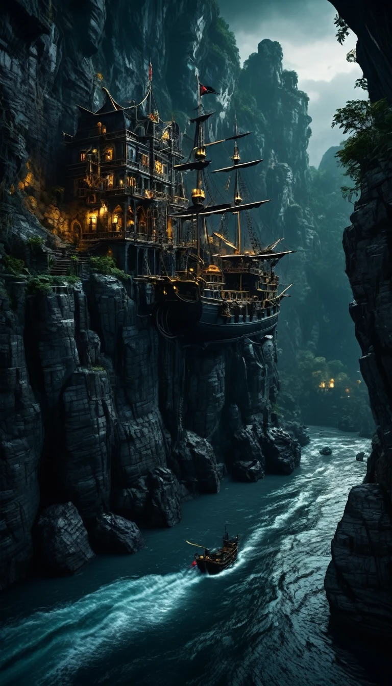 a mansion between rocks , dark theme ,pirate view, cinematic, river flowing below it , a pirate ship in the river, so dark themed, mysterious and relistic,a lot of gold and precious things in the boat