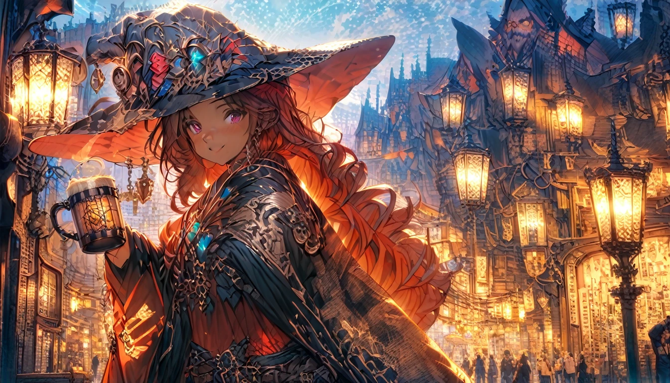 8k, high quality, The theme is medieval magic RPG. The settings view is、The whole izakaya and the people there々々It was taken from a distance、, The setting is an old wooden izakaya, The greatest of the Middle Ages.、Inspired by magical RPGs、Painted in every detail, The furniture is antique, The walls are made of wood、There are candles lighting up the view、There are also some windows, The floor is wooden.., There are a lot of people (maleと女, wearing costumes of Wizard knight pirate thief monk cleric and other magical role-playing classes, Appear on the scene, Woman in short dress) They are sitting on chairs at tables around the venue drinking.. (Beer and red wine mugs) and laugh, There are a lot of people (over 10 maleと女, wearing costumes of Wizard knight pirate thief monk cleric and other magical role-playing classes, Enter the scene, Woman in short dress) drinking beer and laugh and partying together with a man (focus of the scene, male, Wizard, 31 years old, Muscular, Hairless, length, pointed Wizard's hat , wearing magical role-playing Wizard clothes, length黒ひげ, Freckled white skin, Handsome smiling face, In his left hand he holds a 3 liter mug of red wine., Whole-body vision). The atmosphere on the scene is full of joy., Celebrations and festivities..