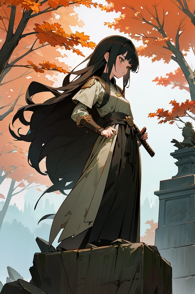 anime,(In the Katana Stone),Girl Attractive,Suitable for Stone,autumn forest,Small Paved Path to the Stone,Leaves are crumbling,Dress with Diagonal Patterns,Behind the Stone,Statue Monument of a Hero in Armor and Long Hair,Feels nostalgic.