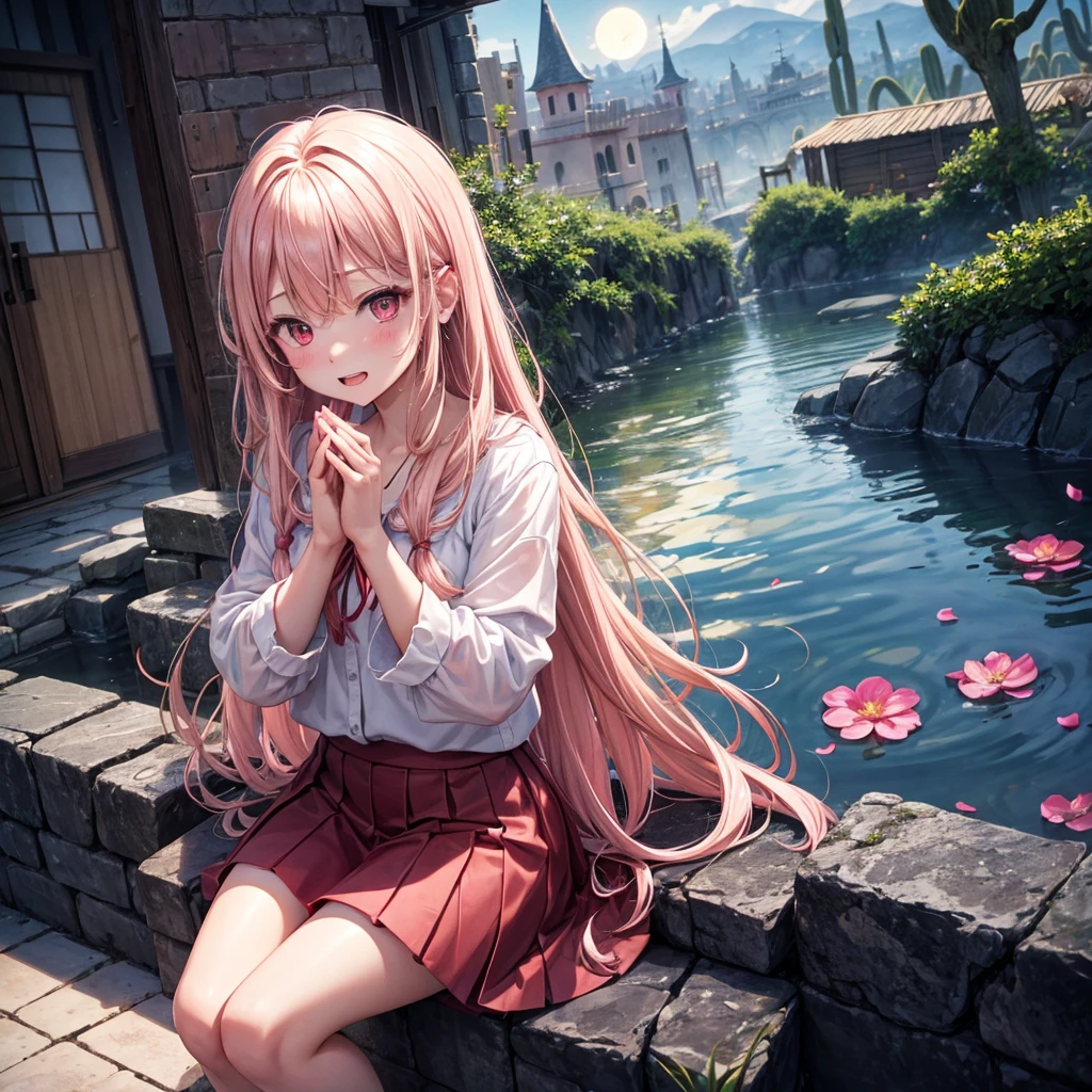 Pink Blonde、Red eyes、One cute girl、solo、And soul、Light clothing、Checked mini skirt、petal、Wet hair、Sit on、black t-shirts、Has a button、large tree、cloud、Red full moon、desert、barefoot、Stones are piled up、Teeth are visible、Secret Treasure、Wooden chair、Fortress City、water is gushing out、Tilting face、Hands together